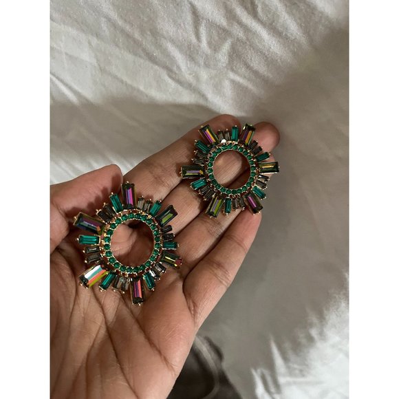 Large green earring stud Sunburst Rhinestone Round ab iridescent Vitrail big - Picture 1 of 7